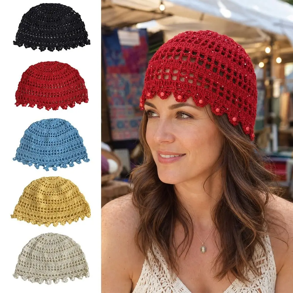 Korean Handmade Crochet Hat Pearl Tassel Breathable Hollow Beanie Sequined Weave Cap Women