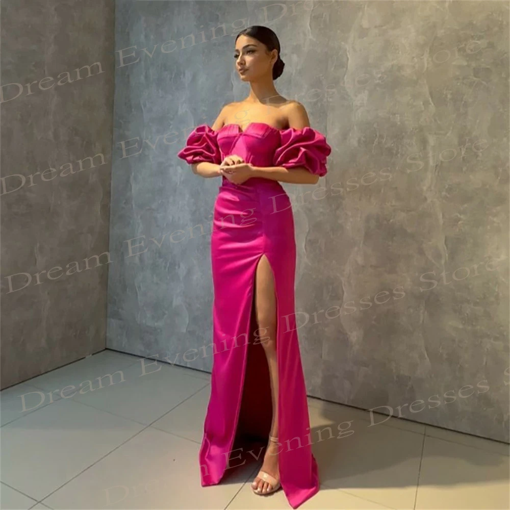 2024 Modern Hot Pink Women's Mermaid Generous Evening Dresses Off The Shoulder Puff Sleeve Prom Gowns Side Split Robe De Soiree