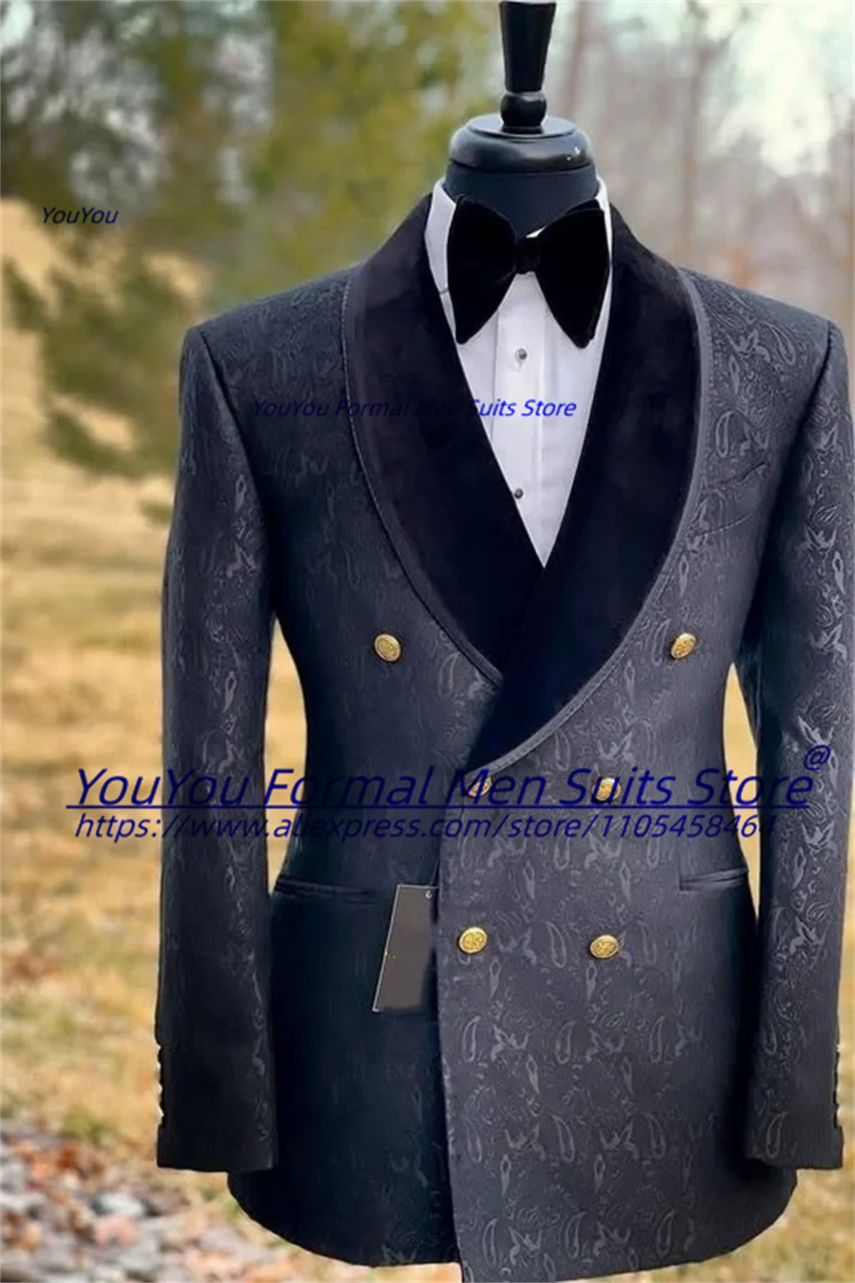 

Luxurious Black Double Breasted Jacquard Men Suits Male Formal Blazers Customized Shawl Lapel Groom Wedding Tuxedos 2 Pcs Sets