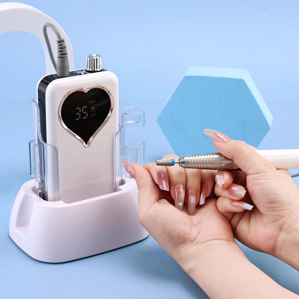 Nail Art Tool Heart Desktop Base Brushless Nail Drill Machine 35000rpm Drill Electric for Manicure Pedicure Rechargeable Battery