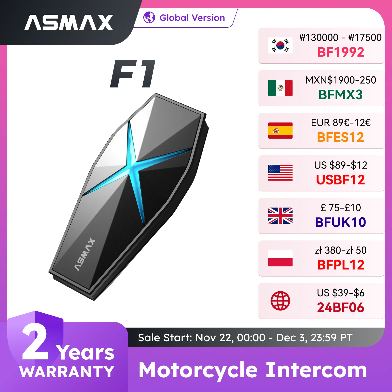 Intercomunicador para motociclos ASMAX F1, controlado por voz, suporta intercomunicador para 10 pessoas, distância de comunicação de 1800 m, BT 5.3/emparelhamento universal/cancelamento de ruído/ IP67 à prova de água