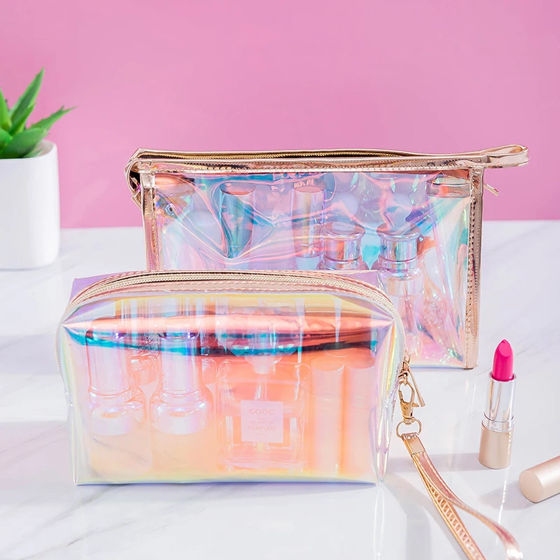 Cosmetic Storage Bag Laser Glitter Waterproof Zip Pouch Ladies Travel Organization Toiletry Bag Portable Makeup Transparent Bag