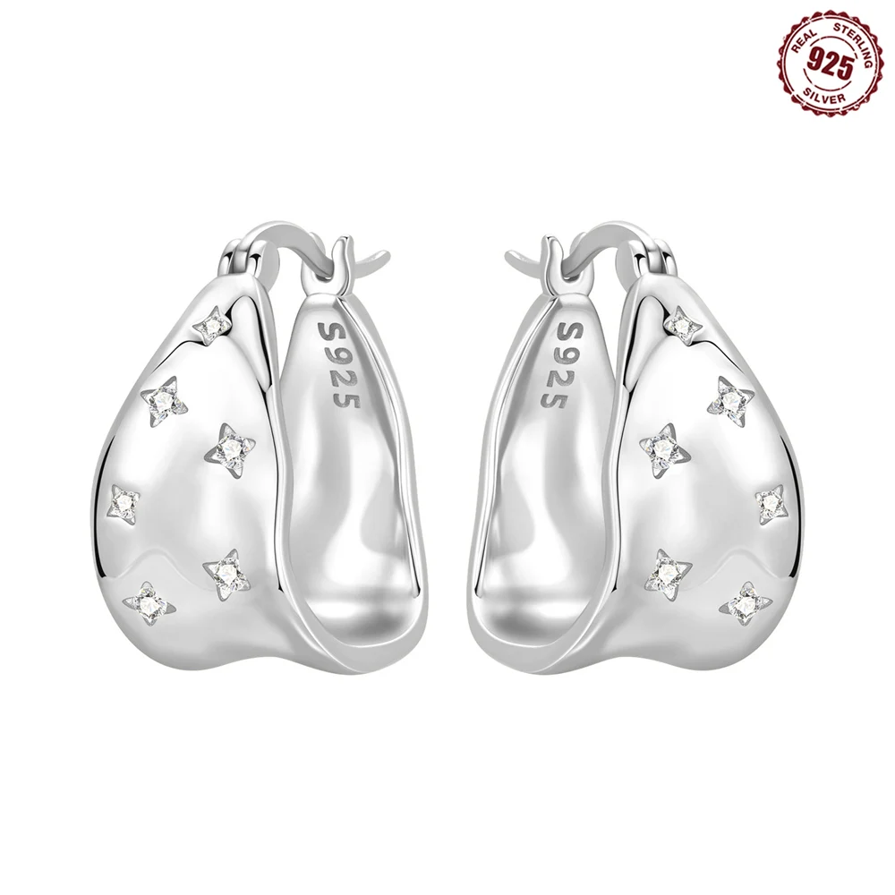 Textured Water Drop Huggie Hoop Earrings 925 Sterling Silver Tiny Star CZ Inlaid Chunky Silver Ear Buckle Women Jewelry Gift