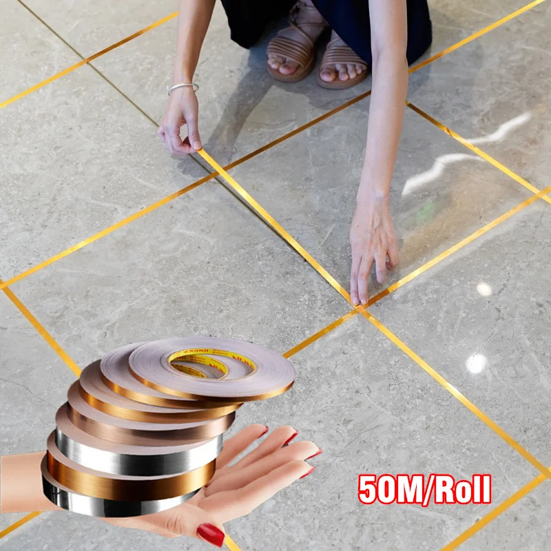 50m Mirror Stainless Steel Flat Decorative Line Self-adhesive TV Background Wall Ceiling Edging Strip Titanium Gold Wall Sticker