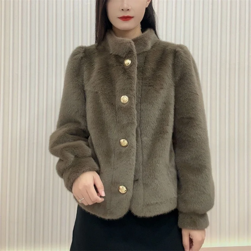 Bubble Sleeve Autumn Winter New Woolen Coat Imitation Fur Coat Environmentally Friendly Fashion Collar Mao Mao Mink Fur Coat