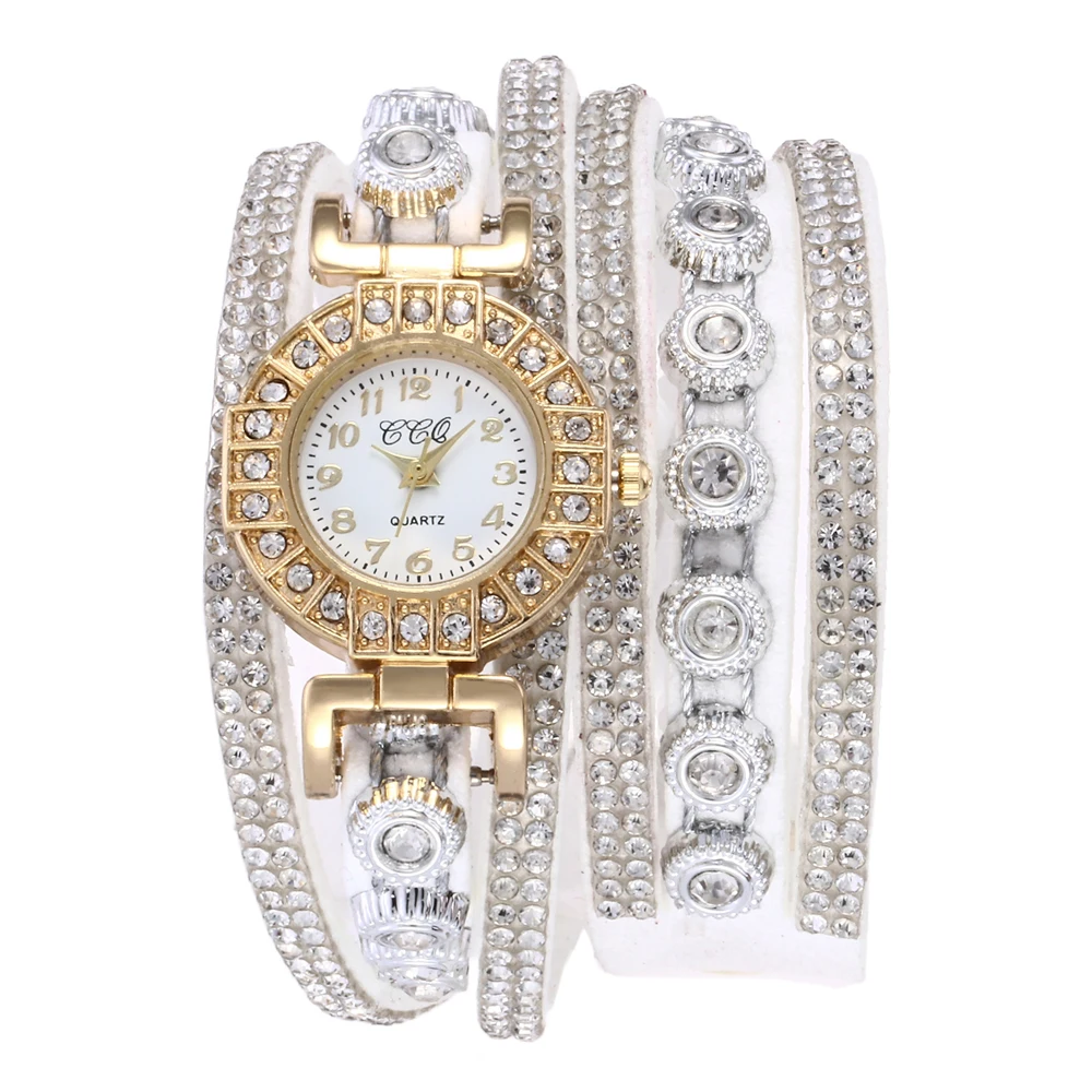 أزياء حجر الراين Blingbling جلدية التفاف كوارتز ساعة نسائية #6