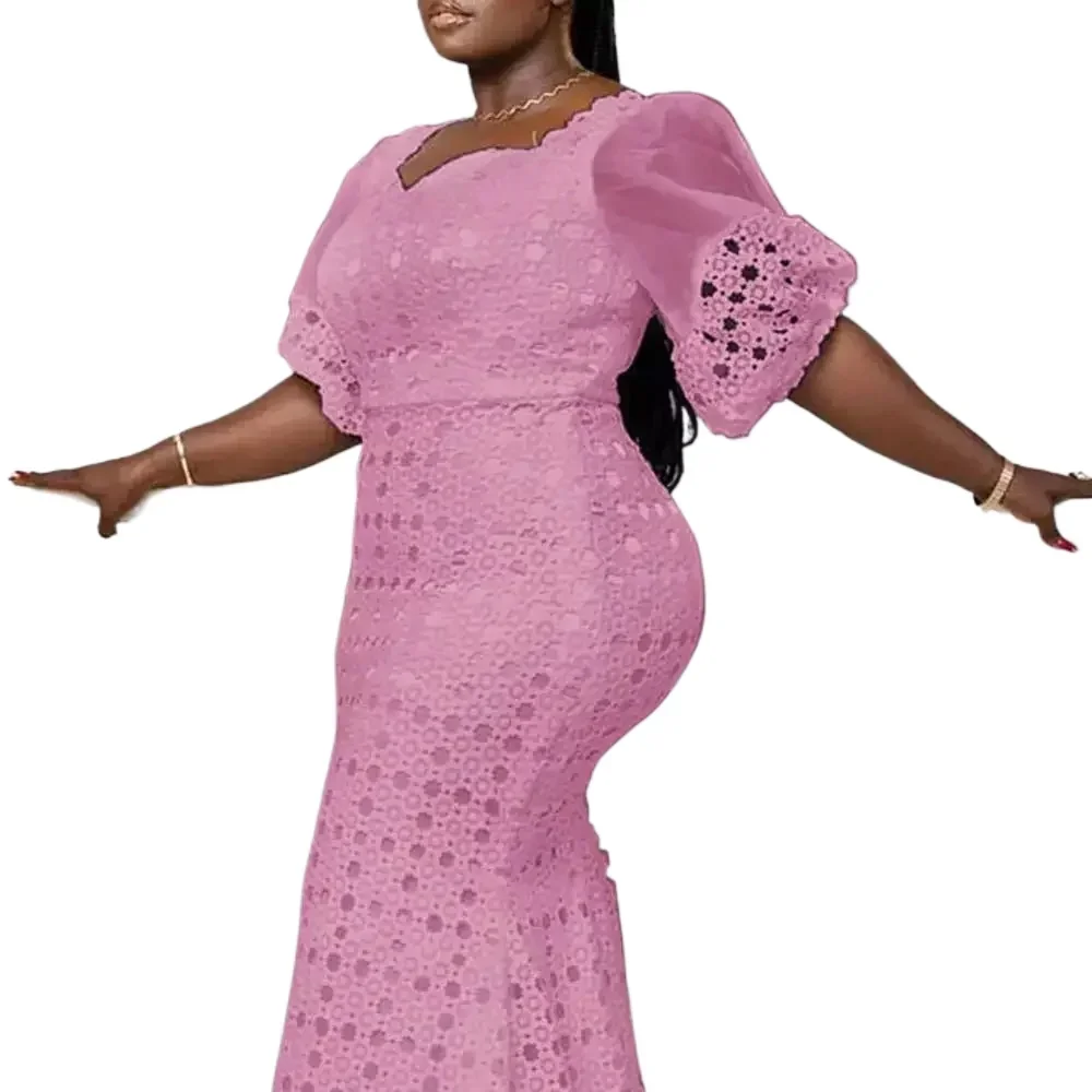 

Customized Plus Size Lace Dress Ankara Style White African Dresses For Women Long Bodycon Hollow Out Outfits Dubai Turkey Maroca