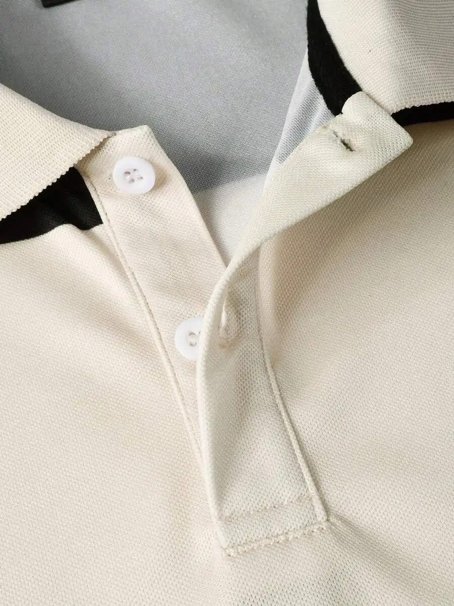 Mens Casual Striped Shirt with Turndown Collar - Black and Cream Color Block Design