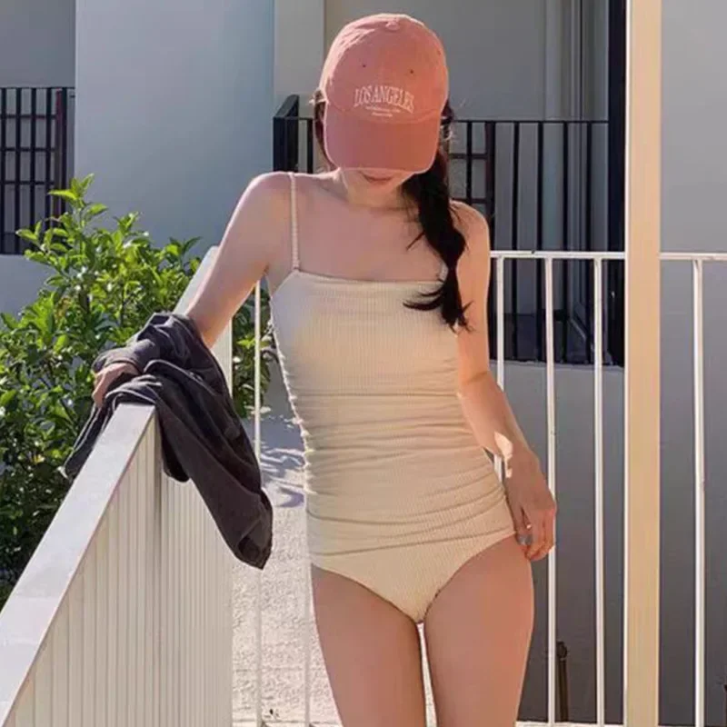 Elegant Pure Color Strapless Maillot ชุดว่ายน้ําสไตล์เกาหลี Slimming Thermal Bath One Piece ชุดว่ายน้ําสตรี Body ปกปิด