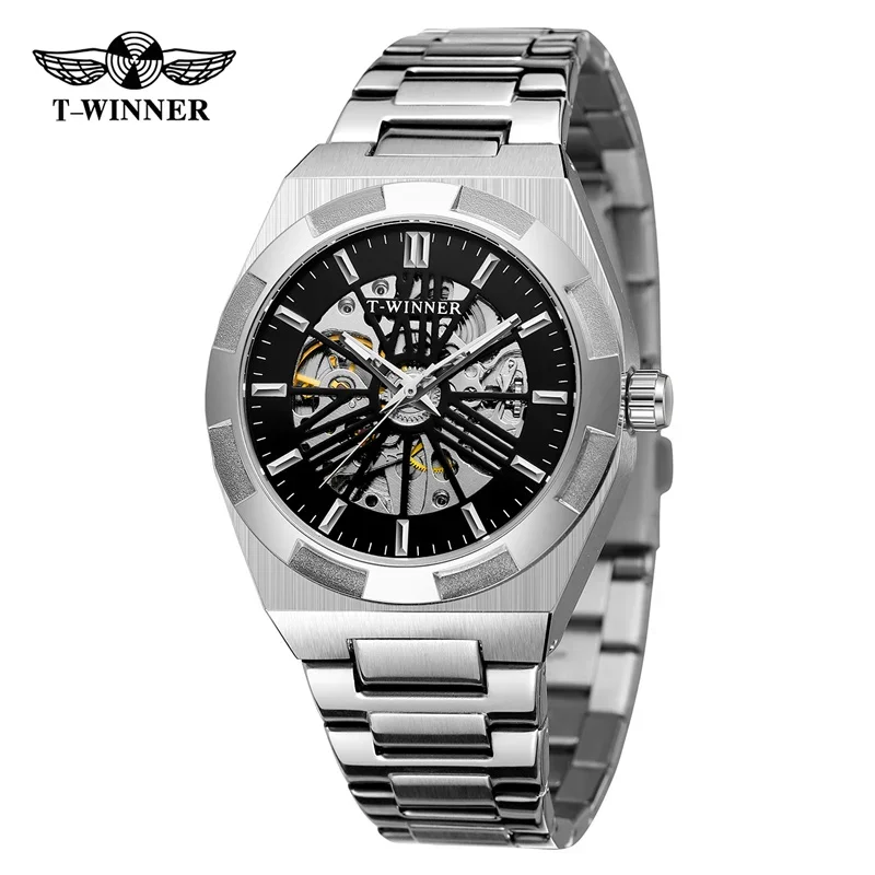 T-winner Automatic Mechanical Men Watches Luxury Stainless Steel Strap Luminous Hand Clock Skeleton Design Waterproof Watch