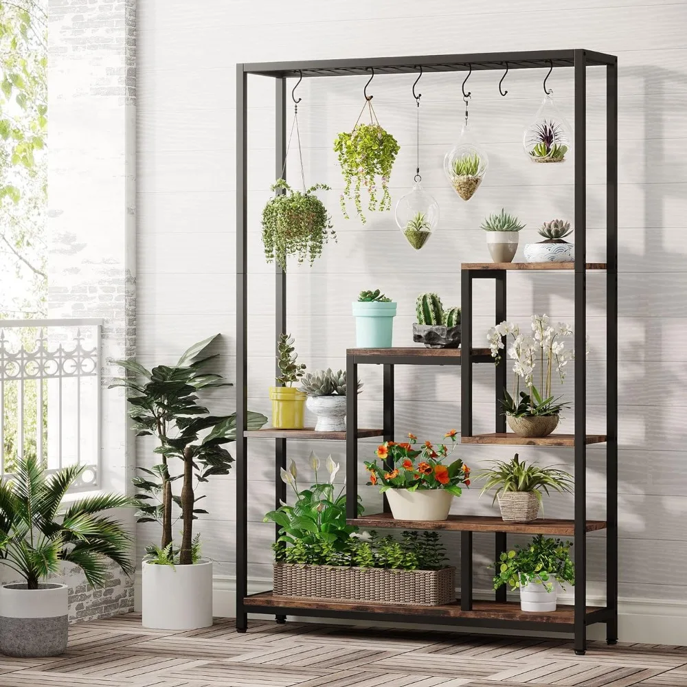 Soporte para plantas de interior de 5 niveles, estante grande de Metal para plantas de 70,9 pulgadas con ganchos colgantes S de 6 piezas, flor multiusos