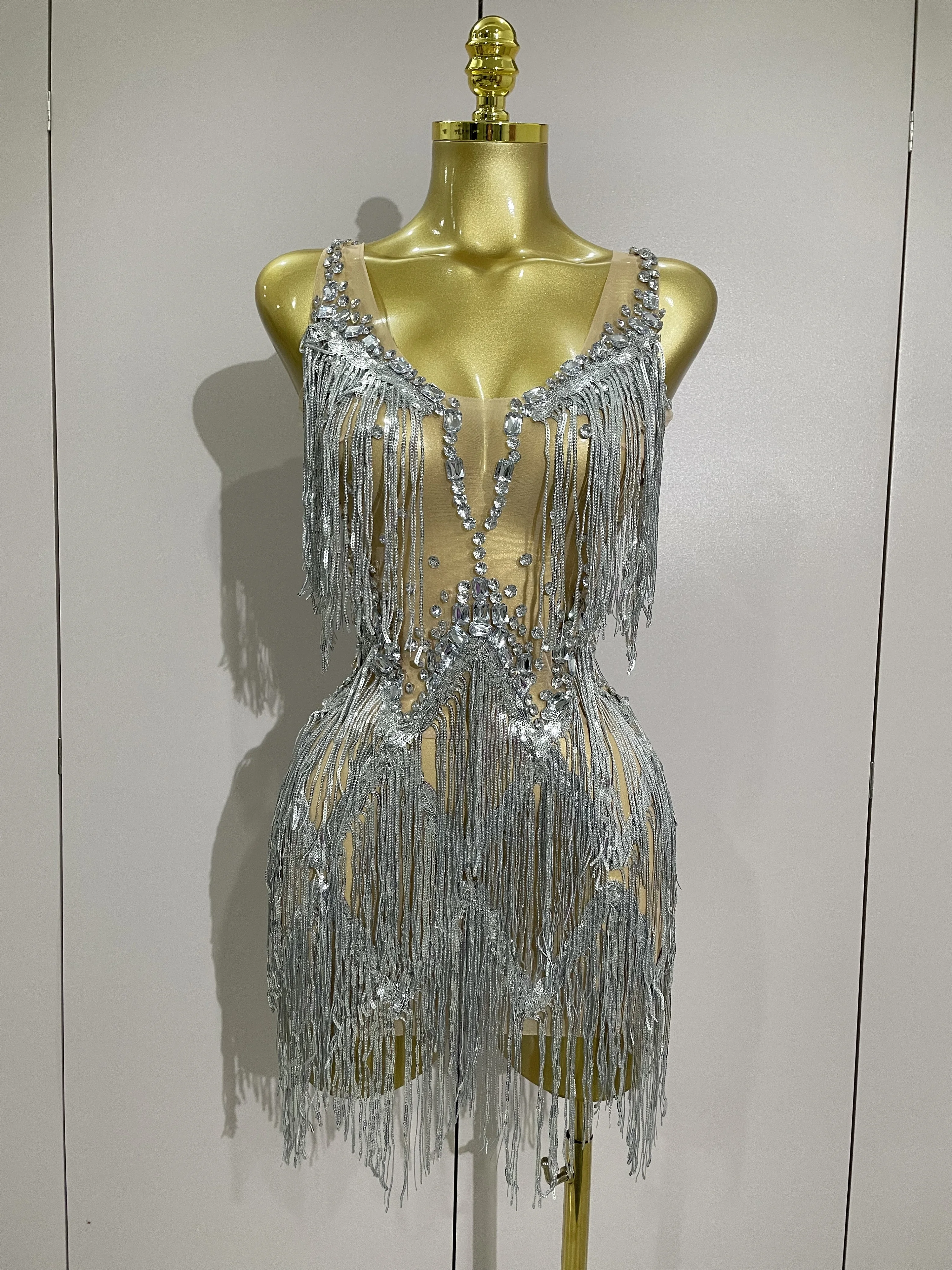 

Sparkly Rhinestone Tassels Sexy Mesh Mini Dress 2025 Women Evening Birthday Party Dresses Nightclub Performance Stage Costume