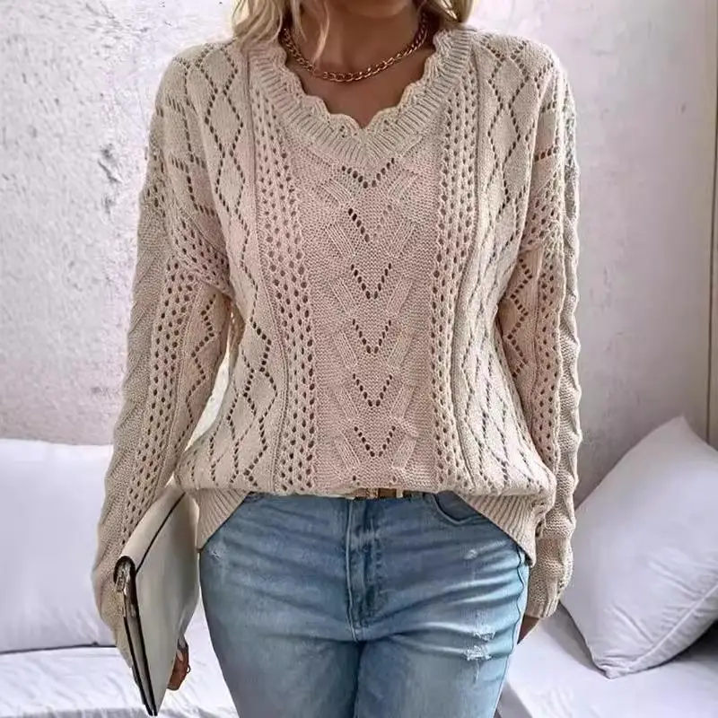 

Женский вязаный ажурный свитер V-Ne Long Sve, универсальный трансграничный дизайн, удобный крой, для поездок на работу, обычный тай...