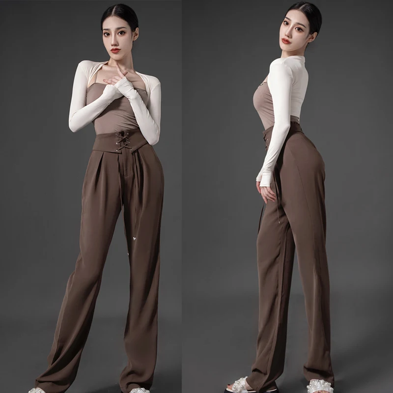 

2023 New Latin Dance Costumes For Women Long Sleeved Brown High Waisted Pants Suit Chacha Modern Latin Performance Wear DQS13281