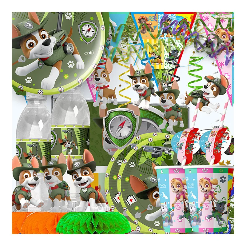 Paw Patrol Tracker Party Supplies Tableware Festival Decoration Kid Faovr Birthday Balloon Straw Box Baby Shower Stickers Plates