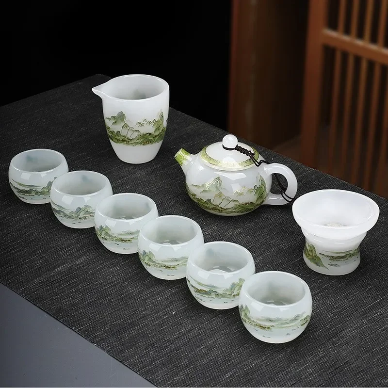 Glazed Thousand Miles Jiangshan Kung Fu Tea Set Household Simple Landscape Cover Bowl Fair Cup Gift Complete Tea Set