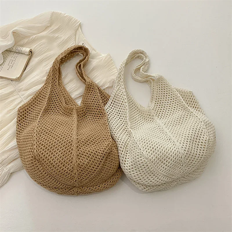 Women Crochet Tote Bag Mesh Beach Shoulder Bag Large Capacity Fashion Knitted Bag Simple Shopping Handbag for Travel Vacation