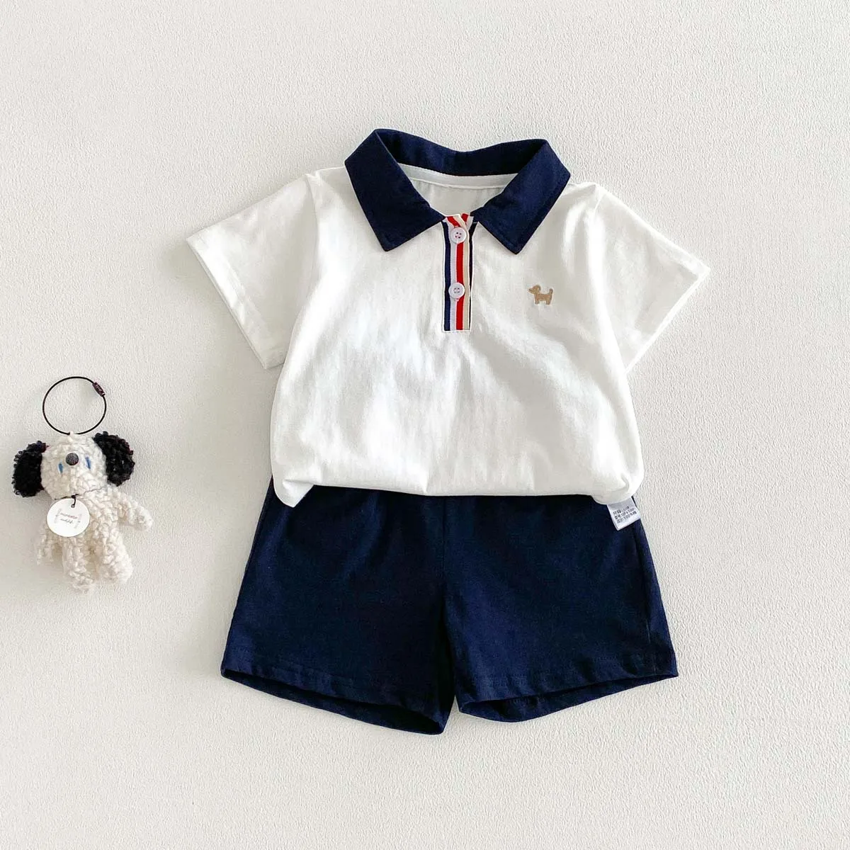 Boys' Summer Short Sleeved Top and Shorts Set 2026 College Style Baby Polo Collar Handsome Pure Cotton Two-piece Set Thin