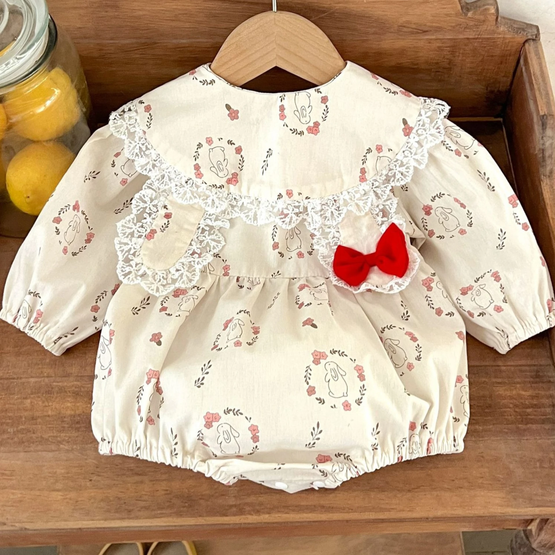 Girls Onesie 2026 Spring/summer New Childrens Clothes Korean Style Girl Baby Pure Cotton Lace Print Lapel Sweet Onesie