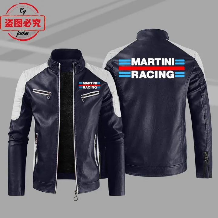 Martini Racing logo printed racing suit pu leather jacket windproof autumn and winter men's contrast leather jacket