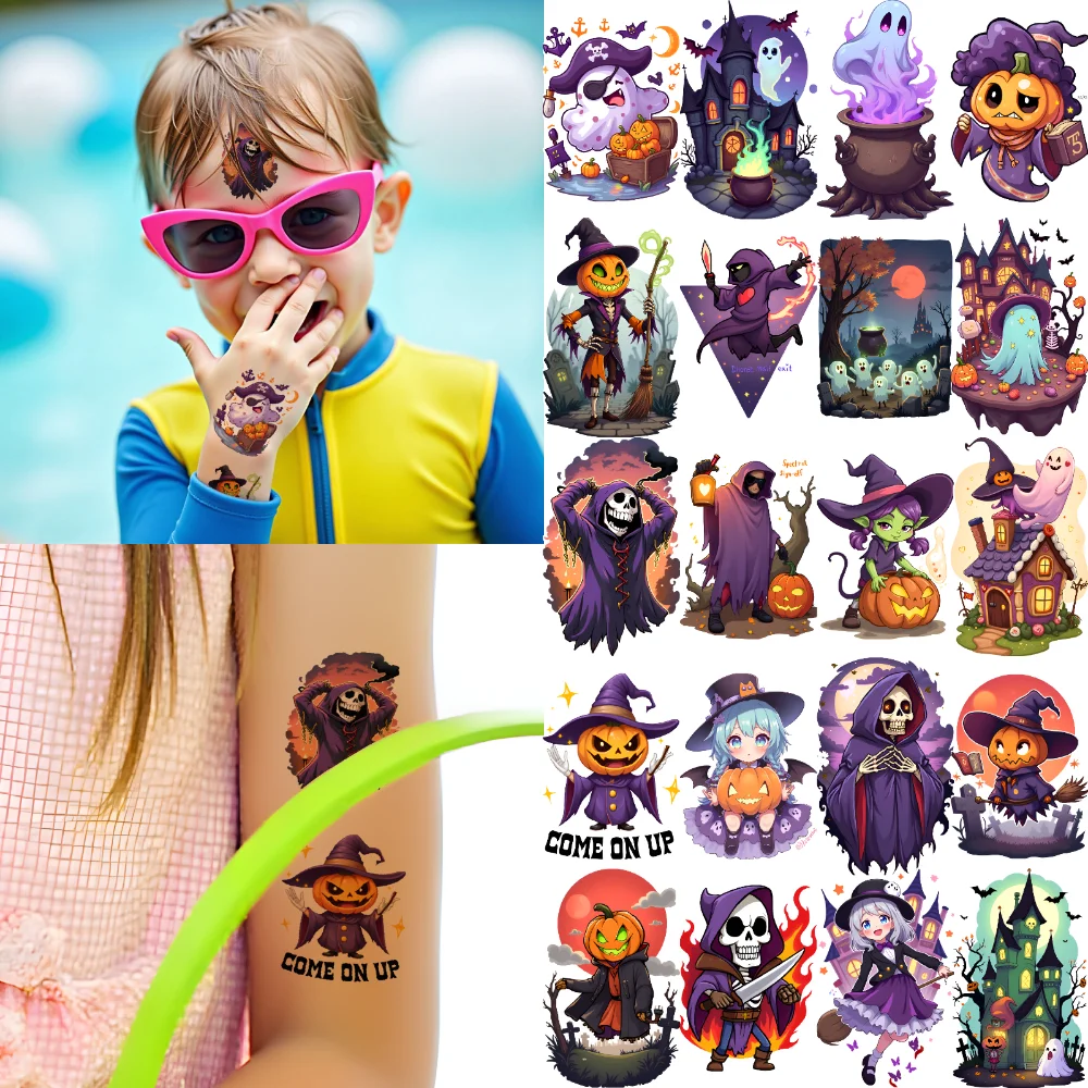 

63pcs Temporary Tattoo Halloween Stickers Waterproof Long-lasting Body Stickers Witch Stickers For Girls Shoulders Children