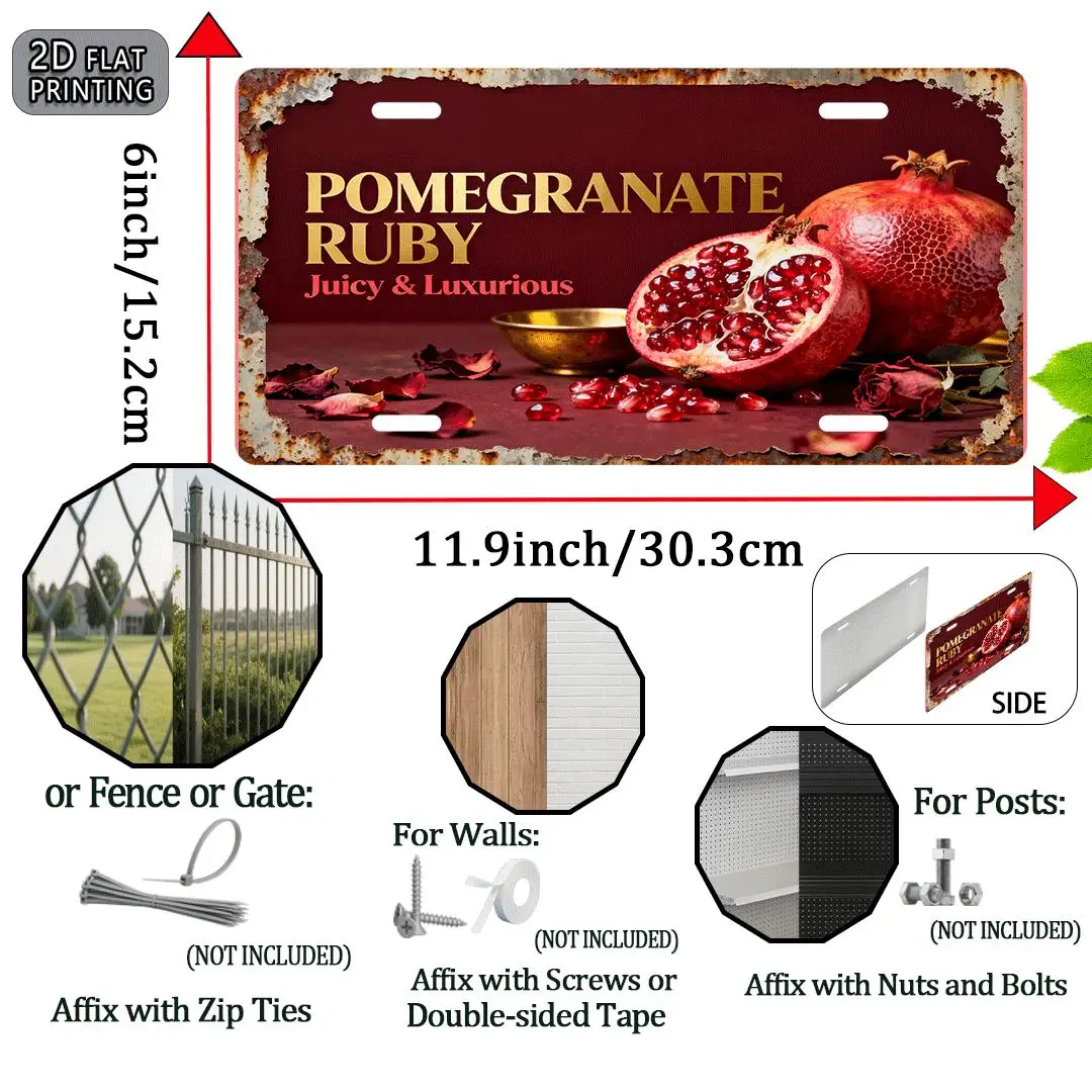 2D Flat - [2D Flat] 1pc Vintage Aluminum Sign | Pomegranate Ruby Style, Retro Metal Decor, 2D Flat, 29.97x14.99 cm, Home & Plant