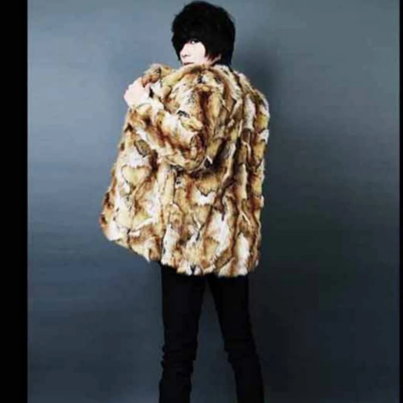 Vintage Fashion Brand Faux Fur Coat Men Winter Thick Warm Long Sleeve Leopard Print Coat Faux Mink Fur Jacket