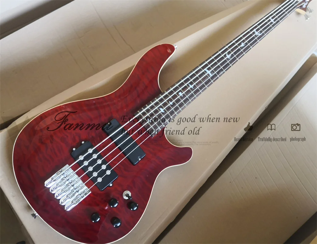 5 strings bass guitar  wine red bass single bridge basswood body quilted maple top white binding active battery