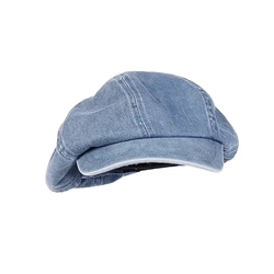 Women Retro Big Washed Cotton Denim Beret Head Painter Hat Sunshade Cloud Large Octagonal Hat