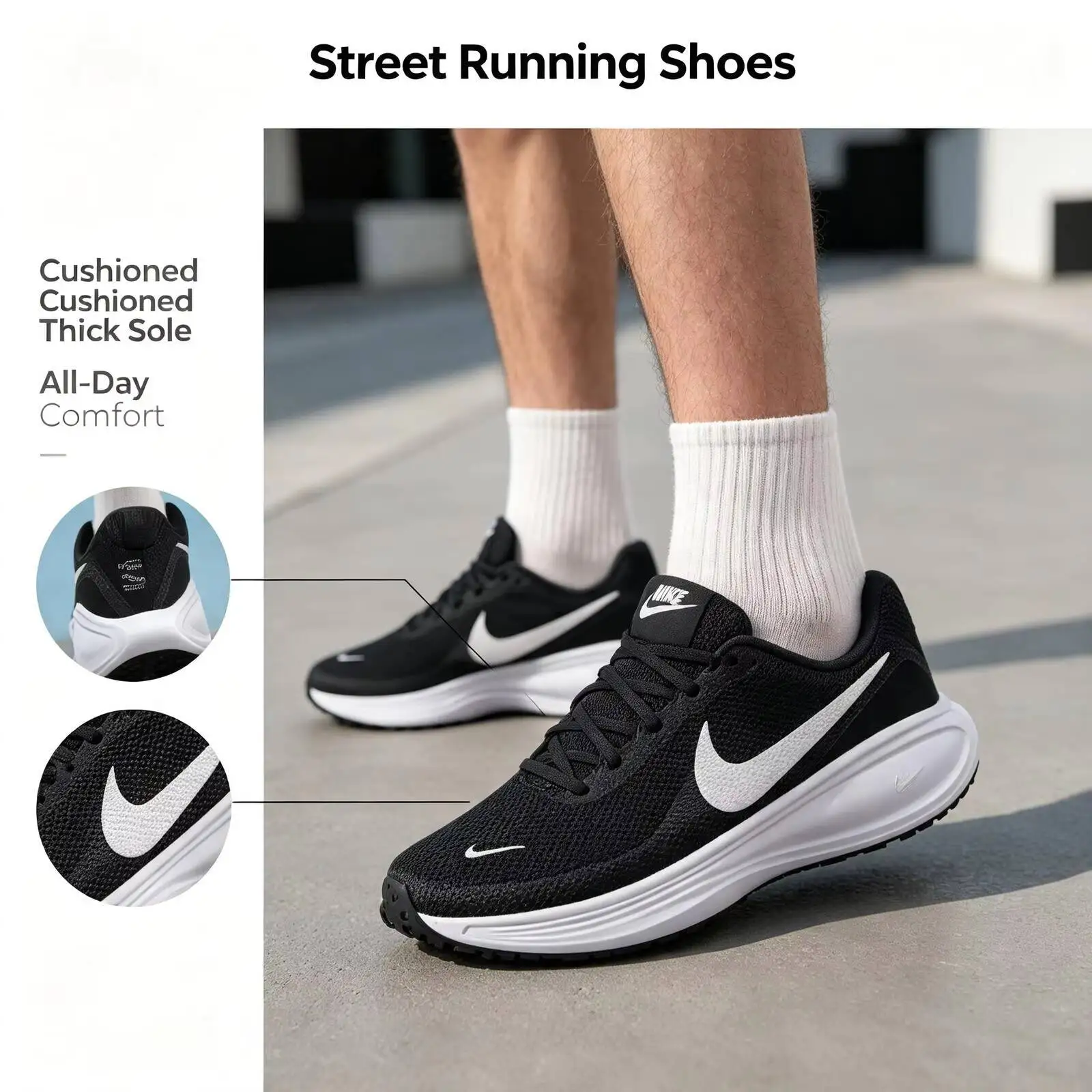 Hot Nike Genuine Black White Running Sneakers for Men Cushioned Thick Sole Lightweight Street Sport Shoes HJ9198-003