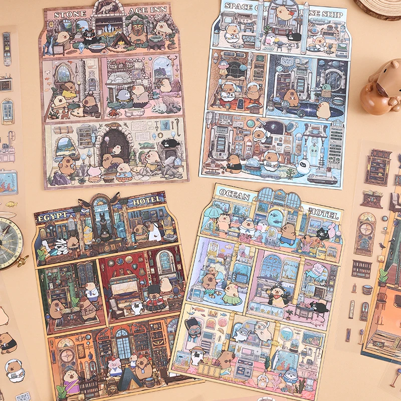 Card Lover 3 Pcs [Capibala Hotel Series] Creative Cartoon Interesting Scenes Collage Puzzle Stickers PET Material Scrapbook Kit