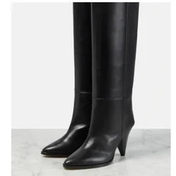 INS Knee High Boots Women Shoes Genuine Leather Black Spike Heels Western Tall Long Chelsea Boots Female 2024 Winter Trend Shoes
