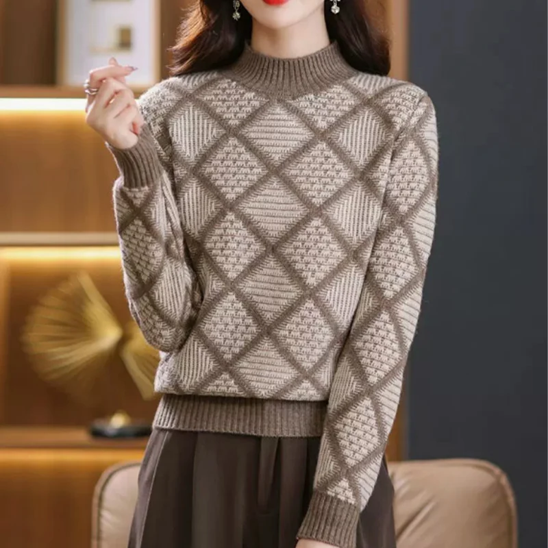 Women\'s Clothes Half High Collar Plaid Knitted Sweaters Winter Thick New Wool Striped Jacquard Jumper Female Top Knitwear