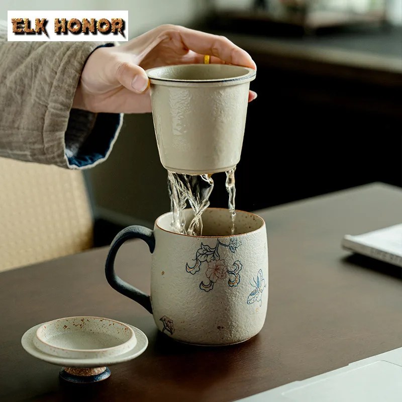430ml Hand Drawn Butterfly Hibiscus Flower Filter Tea Separator Cup Handmade Tea Mug with Infuser Tea Soaking Office Water Cup