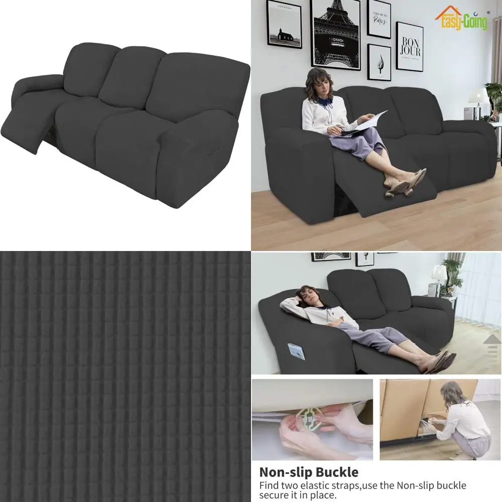 

Stretch Sofa Slipcover 8-Piece Recliner Couch Cover Furniture Protector Elastic Bottom Kids-Safe Spa-Friendly