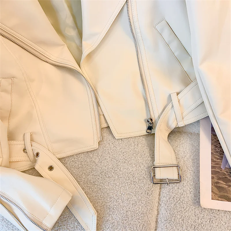 Streetwear Black Short Faux Pu Leather Jacket With Belt Women Beige Slim Short Coat Autumn Lapel Long Sleeve Female Biker Jacket
