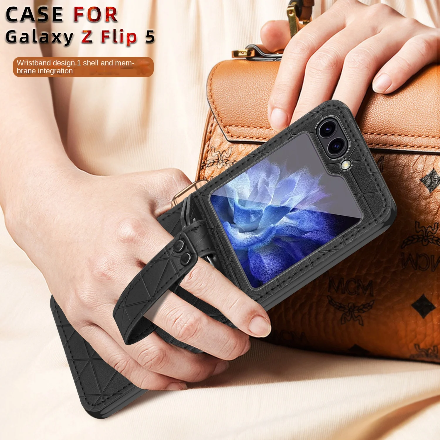 Leather Wrist Strap Phone Case For Samsung Galaxy Z Flip 5 4 3 Flip5 Flip4 Flip3 5g Hard Plastic Shockproof Protection Cover fun