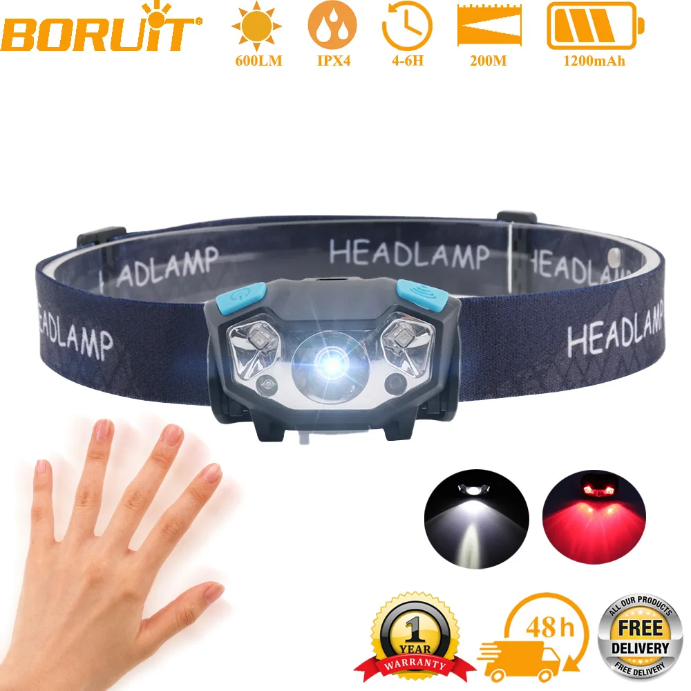 BORUiT Mini LED Induction Headlamp 600LM IR Motion Sensor Headlight  USB Rechargeable Waterproof Head Torch for Camping Fishing