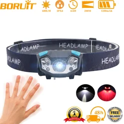 BORUiT Mini LED Induction Headlamp 600LM IR Motion Sensor Headlight USB Rechargeable Waterproof Head Torch for Camping Fishing