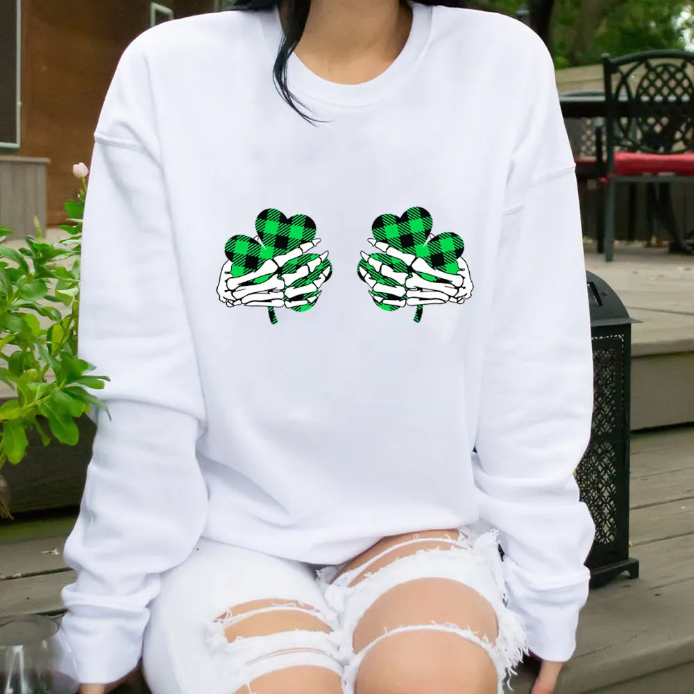 

Skeleton Shamrock St Patrick's Day Sweatshirt 100%Cotton Women Sweatshirt Unisex Casual Spring Long Sleeve Top Irish Lucky Top