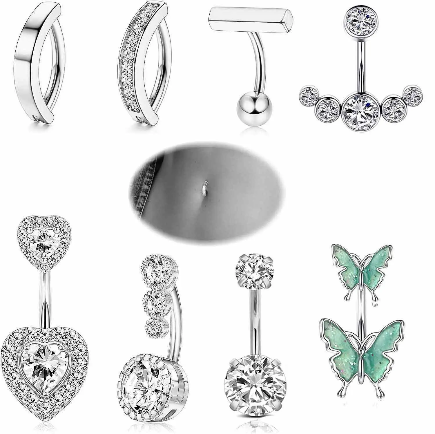Gold Plated Silver Belly Button Ring Dangle Hypoallergenic Belly Rings for Women CZ Navel Piercing Jewelry Dangly Navel Ring