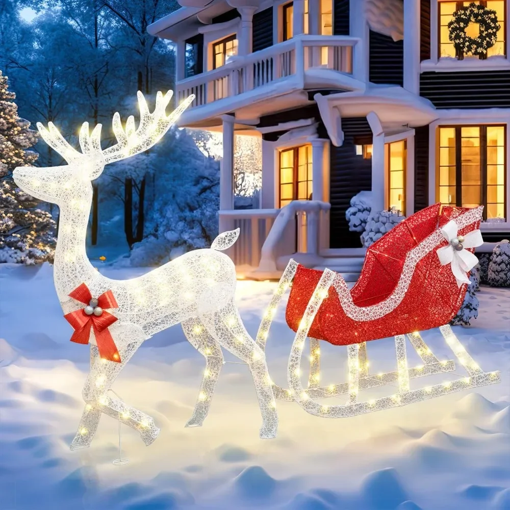 

4FT Christmas Decorations Reindeer and Sleigh Set, Pre-Lit LED Light Up Reindeer & Sleigh, Outdoor Yard Decoration with Lights