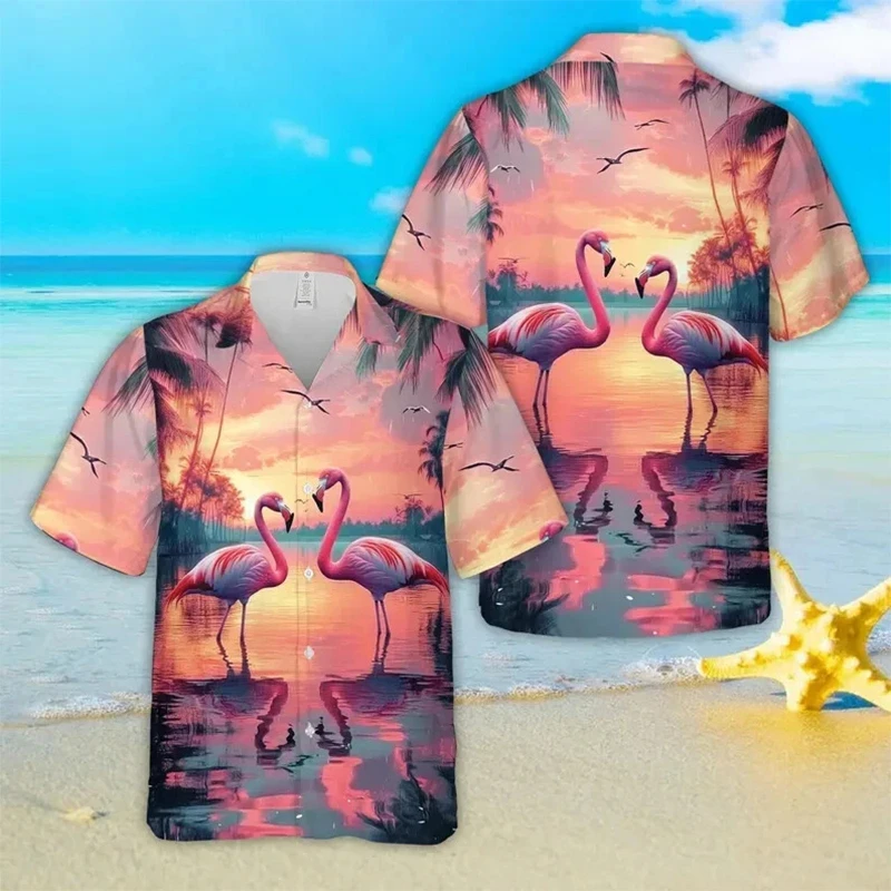 2025 الصيف الحيوان فلامنغو الرجال قميص هاواي صيفي ثلاثية الأبعاد قميص للرجال مضحك الكرتون طباعة حجم كبير قمصان هاواي الشاطئ زهرة قميص