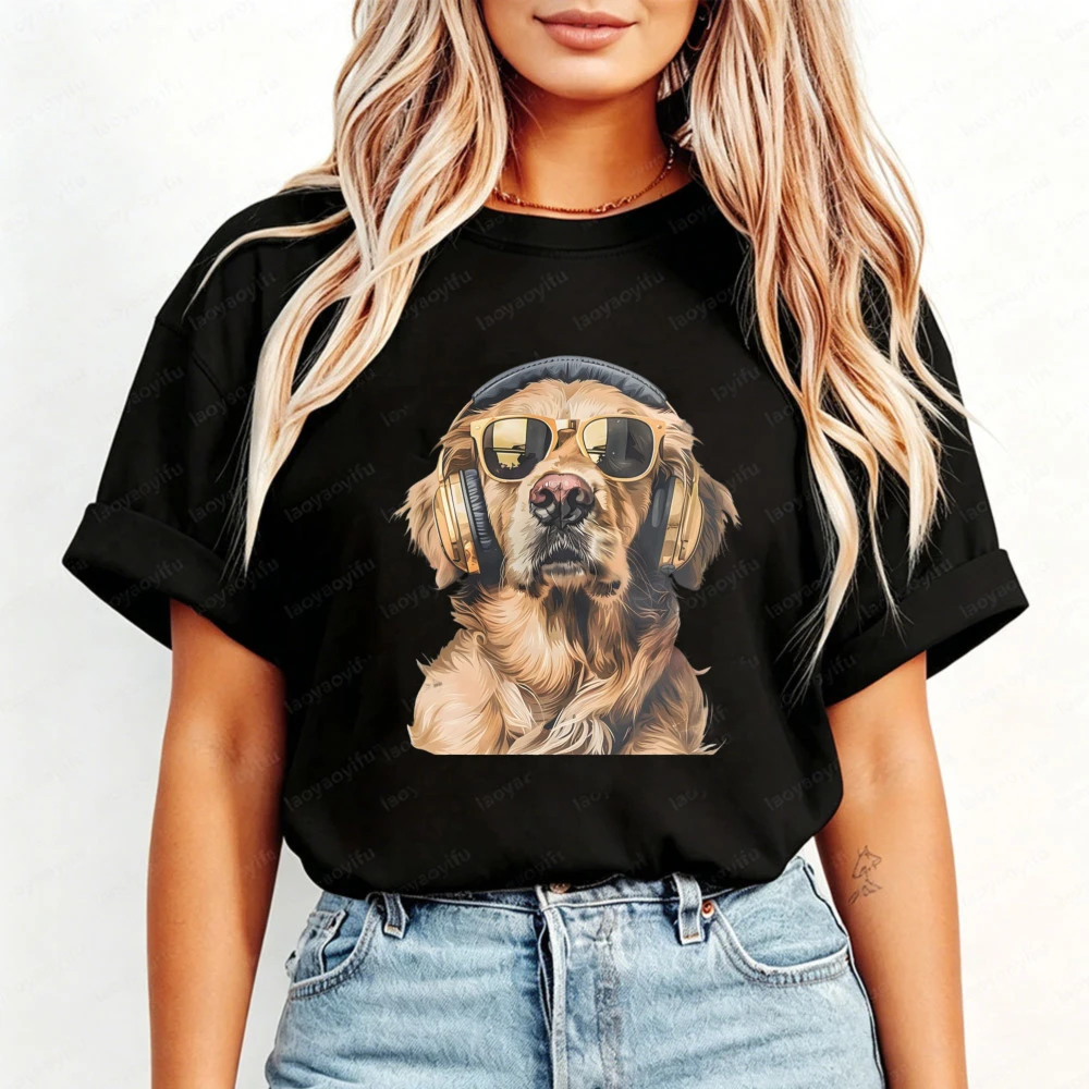 Funny Golden Retriever Shirt Golden Dog Headphones and Sunglasses Golden T-Shirt Fashion Dog Mom Tee Dog Lover Gift Women Shirt