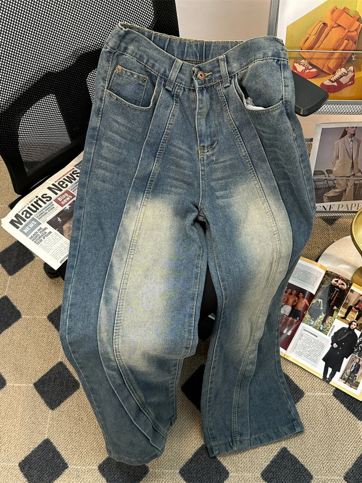 

Premium Feel Patchwork Denim Jeans Men's Loose Wide Leg American Retro Sle Casual Trendy Spring Autumn Wear