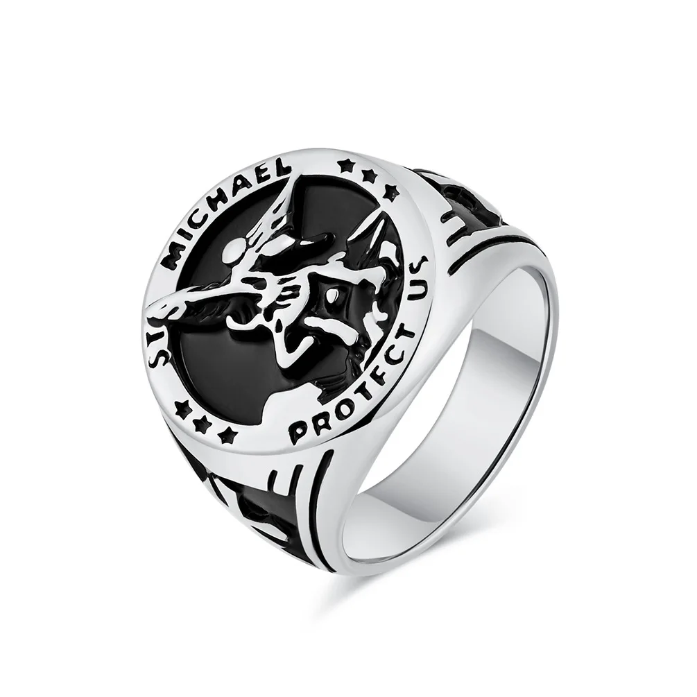 Mens St. Michael The Archangel San Miguel Stainless Steel Amulet Protection Defeating Satan Amulet Ring