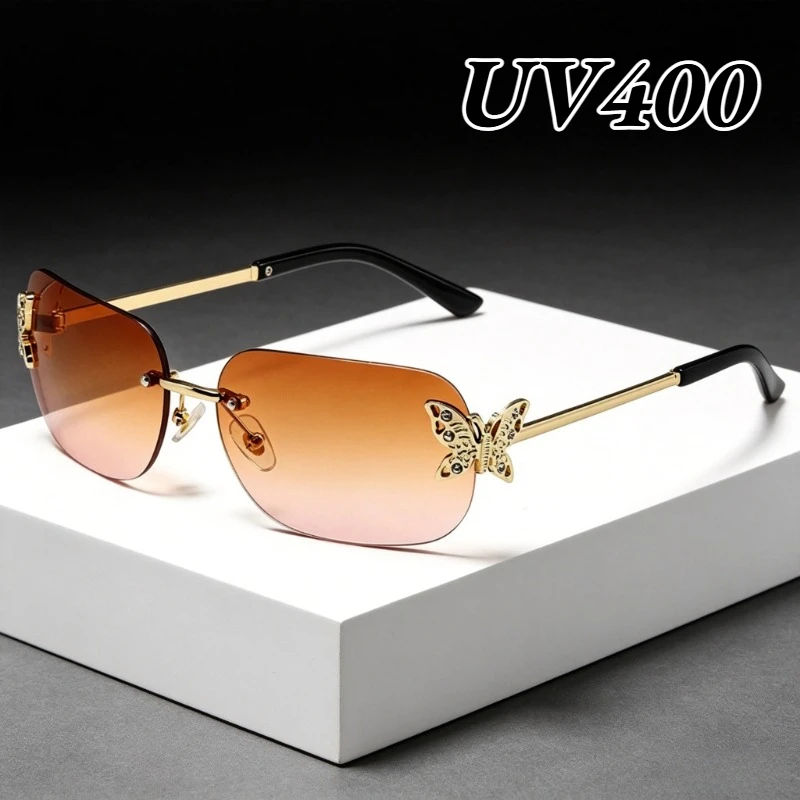

Fashion Rimless Diamond-Encrusted Butterfly Sunglasses Trendy Street Style Sun Glasses Women's INS Style Outdoor Shades UV400