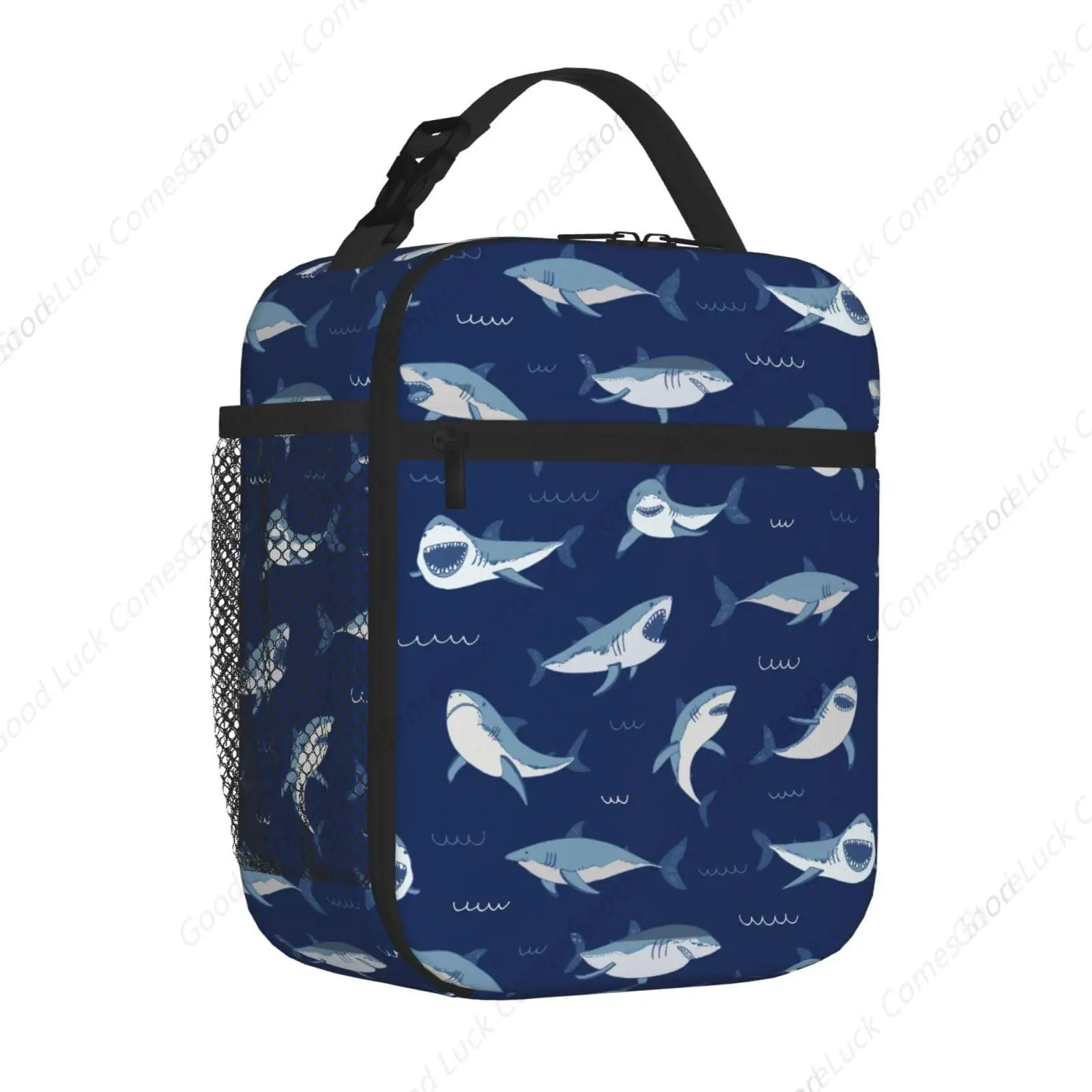Shark Dark Blue Insulated Lunch Bag,Kids Lunch Box For Girls Boys Teen,Kid Lunch Box Containers Cooler Bag With Front Pocket