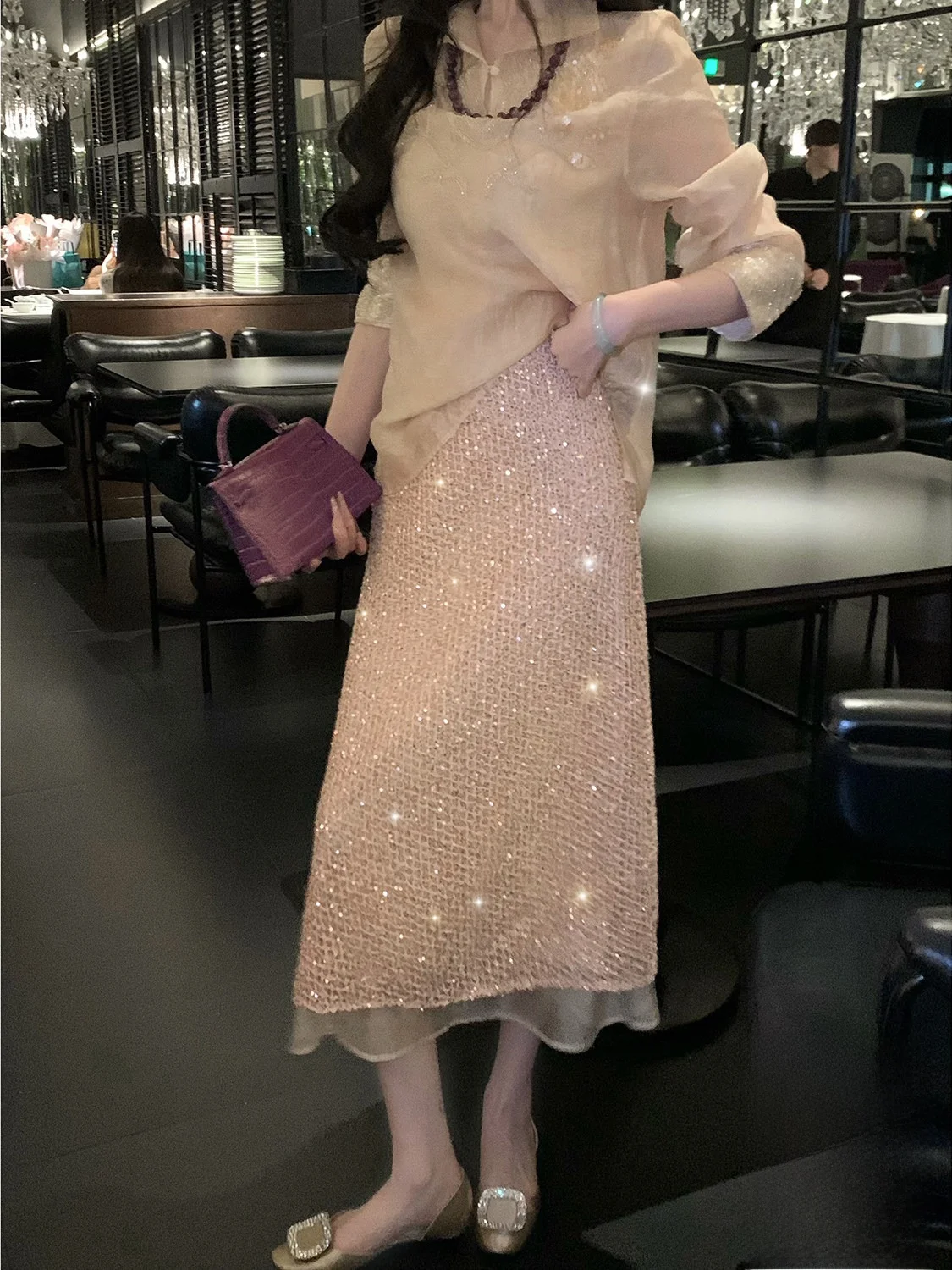 Syqiao Luxury Glittering A-Line Skirt Long Coarse Tweed Heavy Work Half Body Skirt Autumn New Style Women's High Waist Skirt