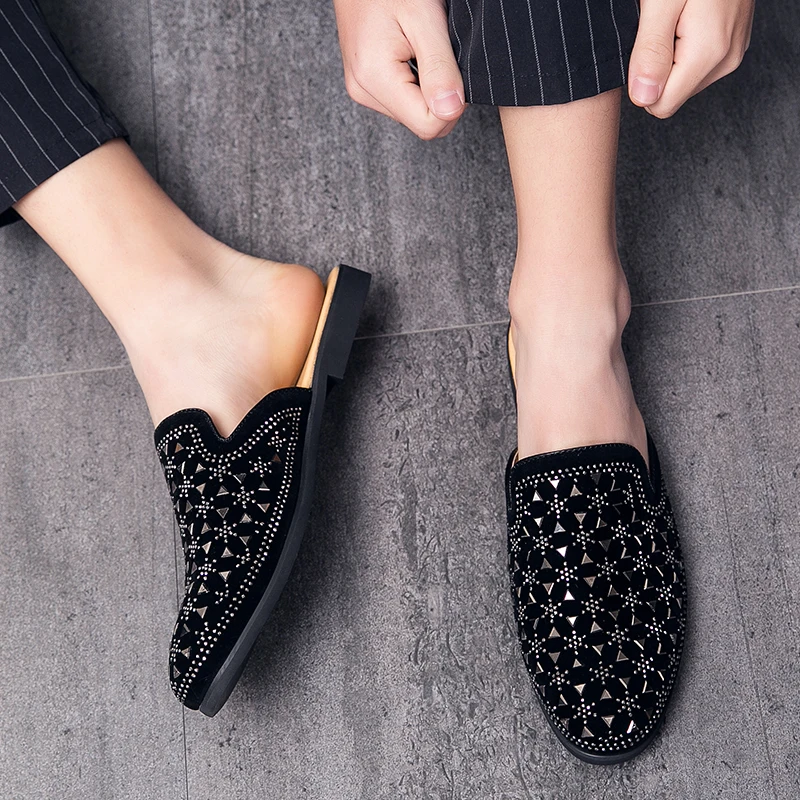 Summer Rhinestone Half Shoes For Men Dress Shoes Mules Man Slides Leather Semi-Drag Casual Shoes Loafers Slippers Flats Sandals